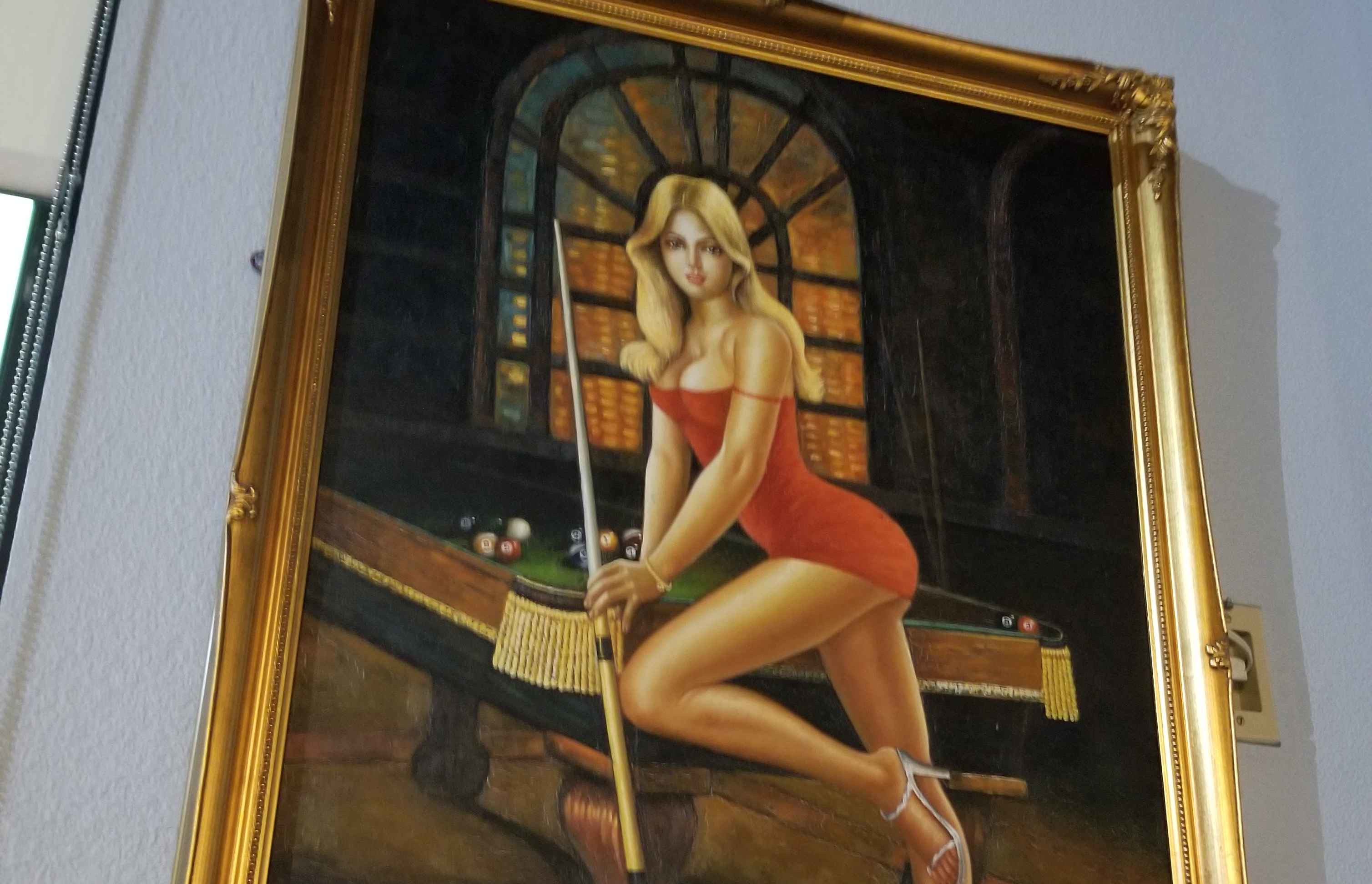 painting of a sexy woman playing pool